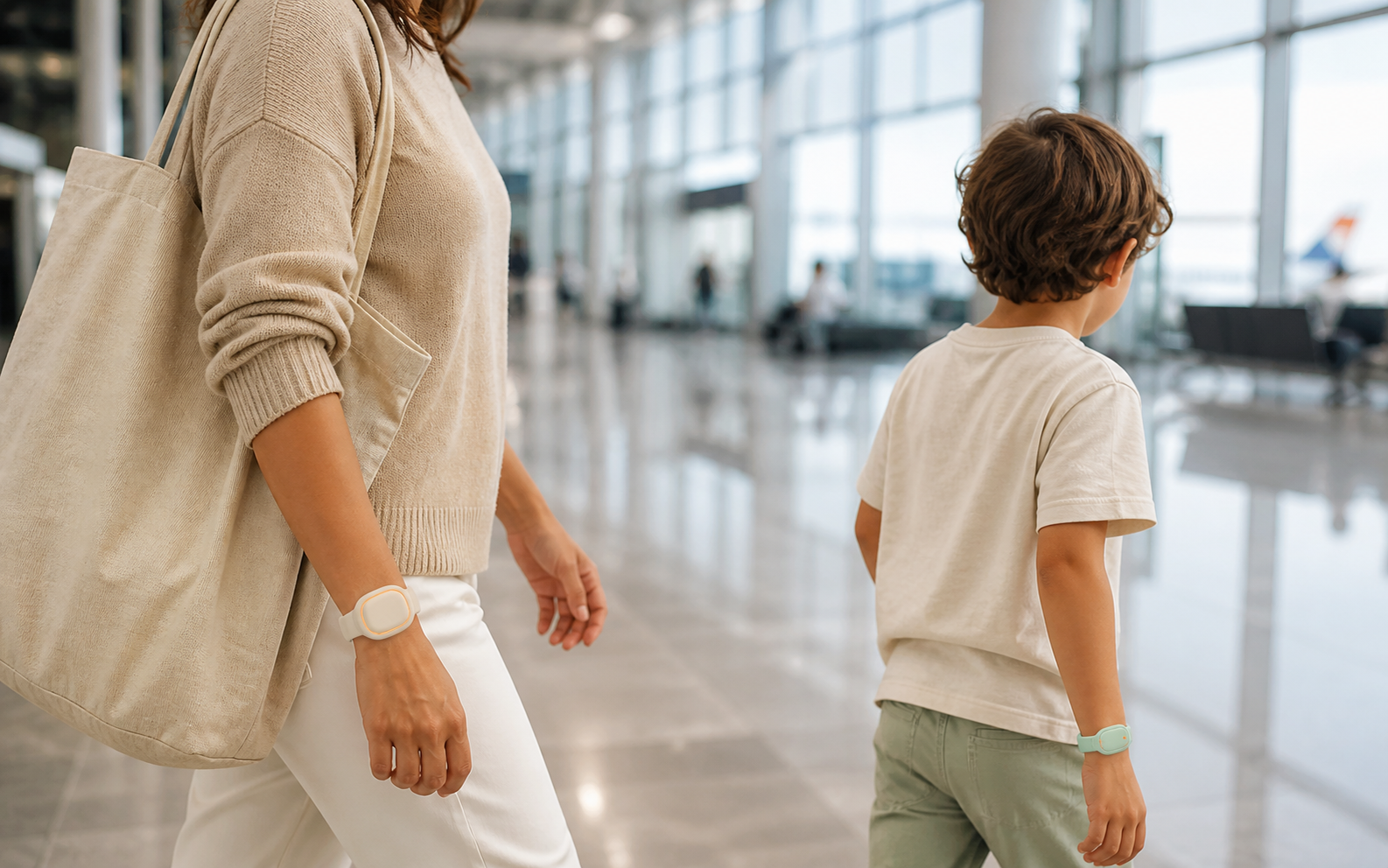 A parent and child walking through an airport terminal, each wearing a Yoonear wristband.